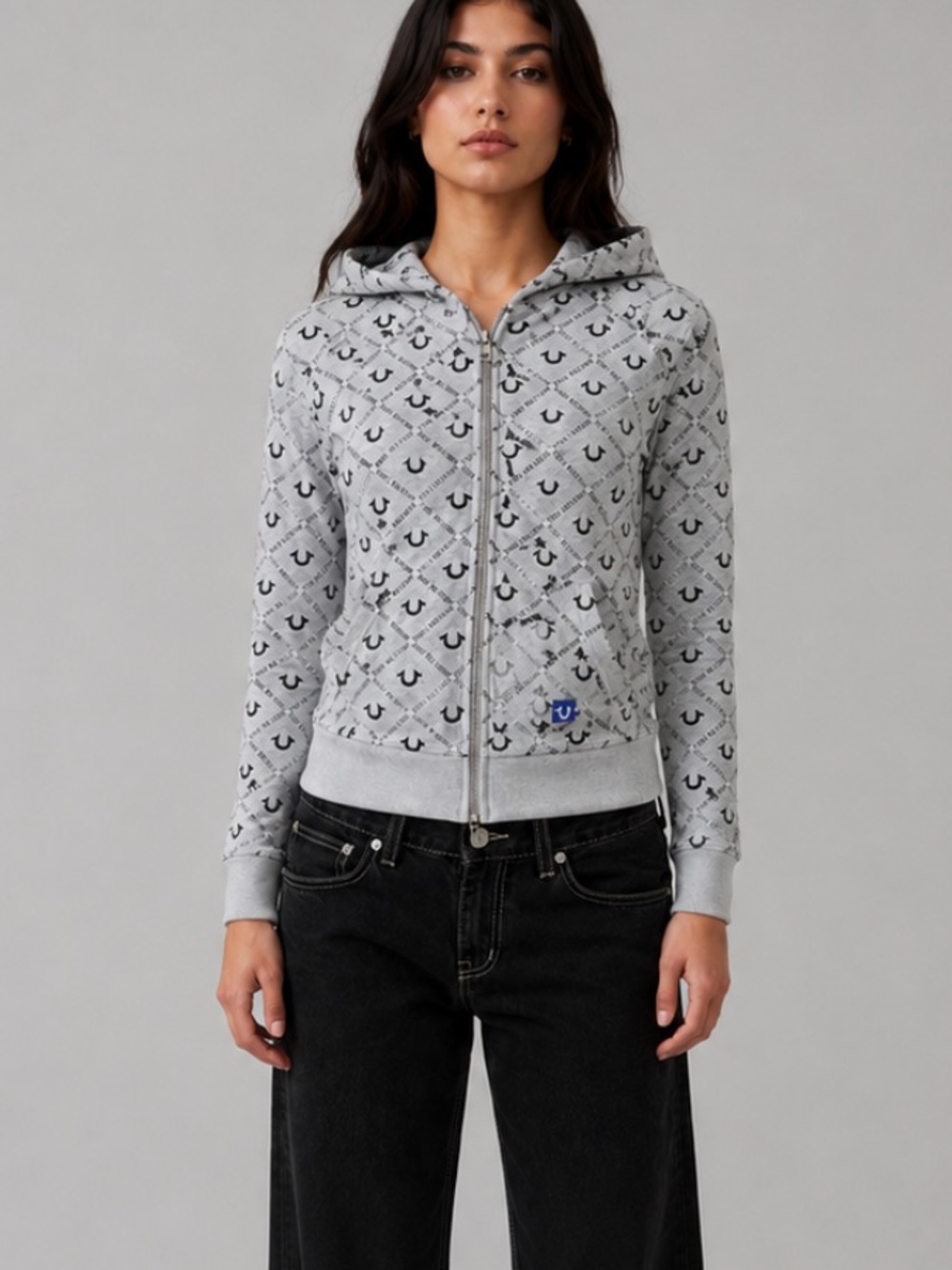 True Religion Monogram Zip Hoodie Gray Women’s M Slim Fit Y2K Logo